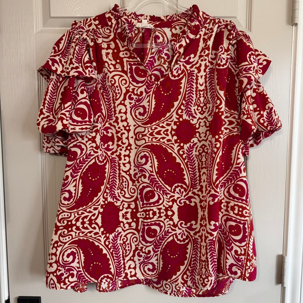 Entro Red Pink Paisley Ruffle Sleeve Blouse XL Boho Top Rayon Flowy Feminine